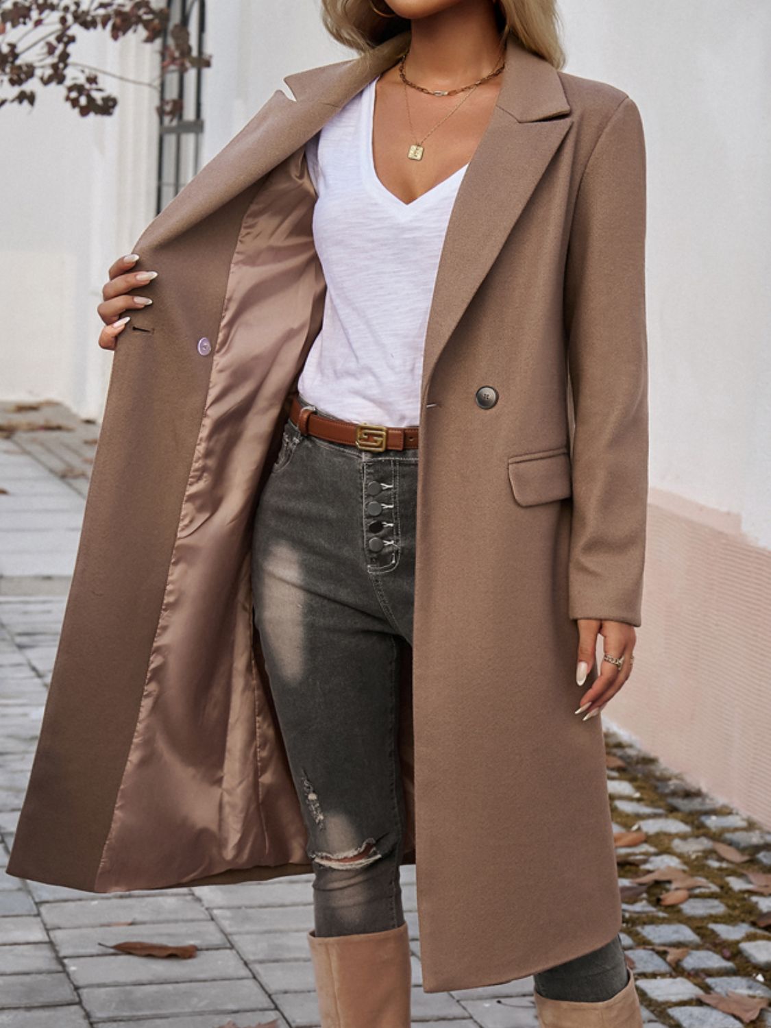 Chic Long Sleeve Collared Coat with Pockets