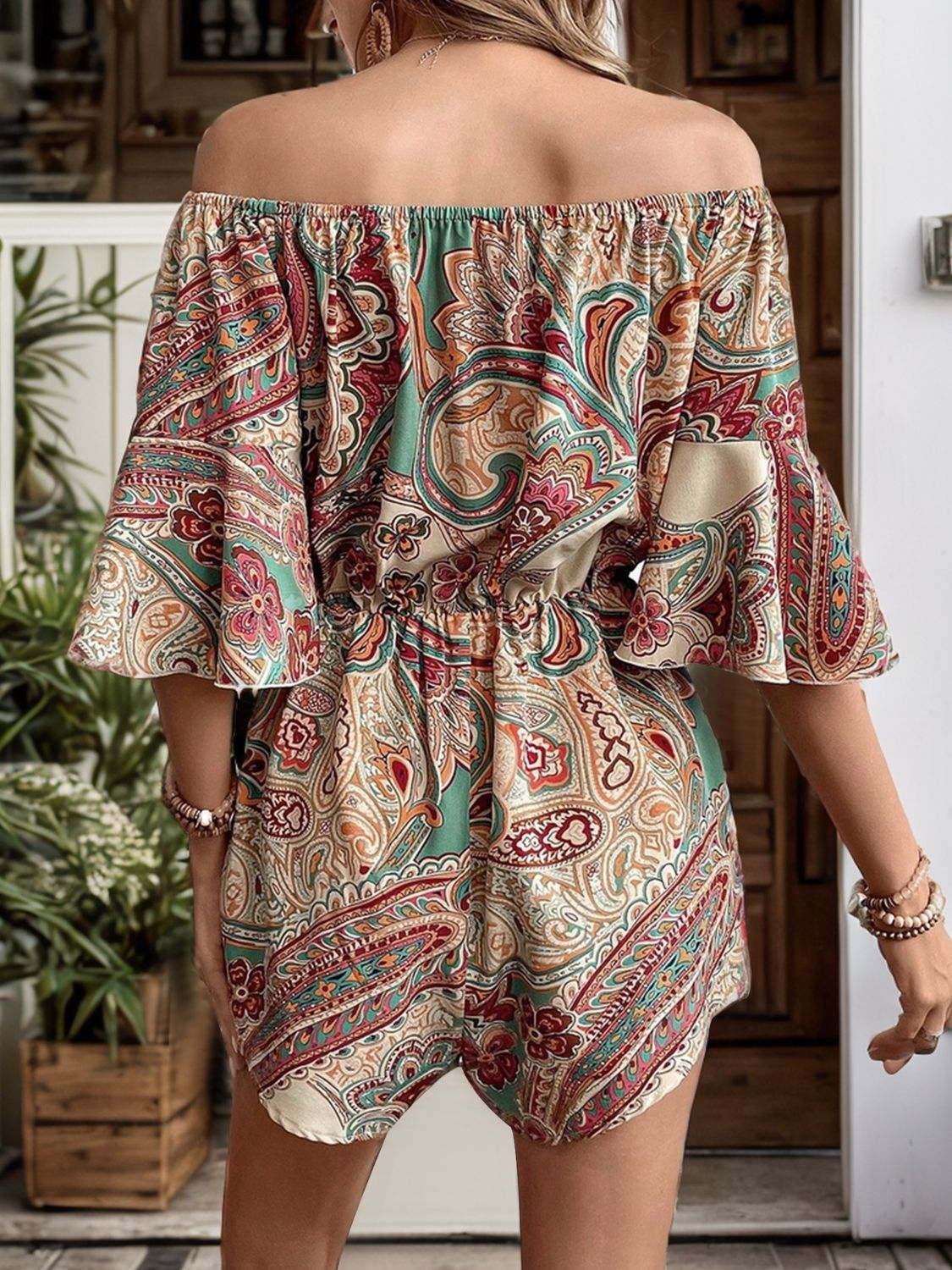 Off-The-Shoulder Printed Romper with Ruffled Details