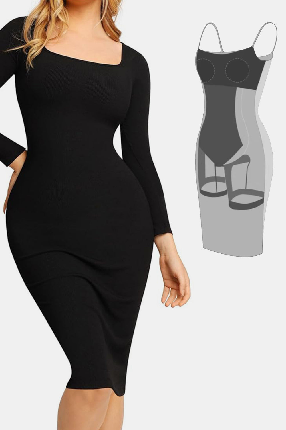 Square Neck Long Sleeve Dress with Integrated Shapewear