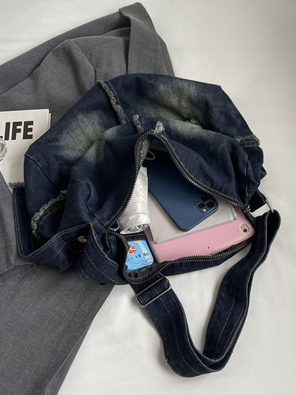 Denim Gradient Crossbody Bag with Raw Hem
