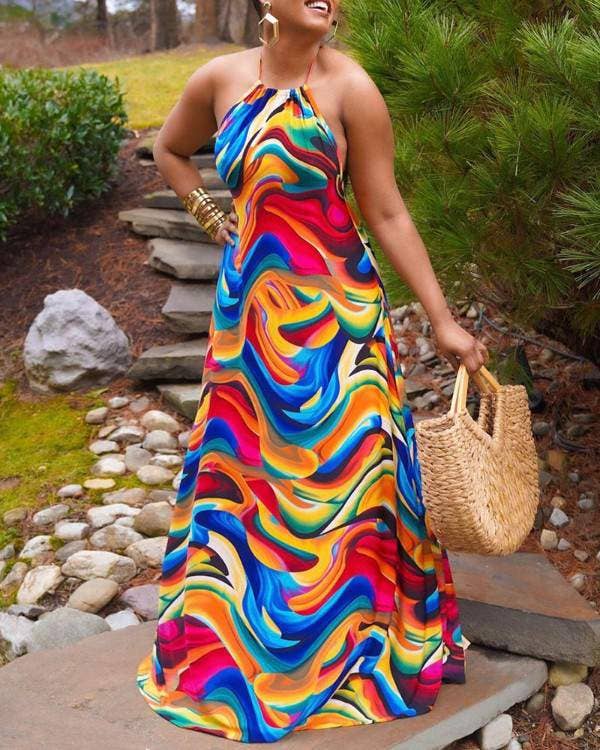 Seductive A-Line Halter Maxi Dress with All-Over Print