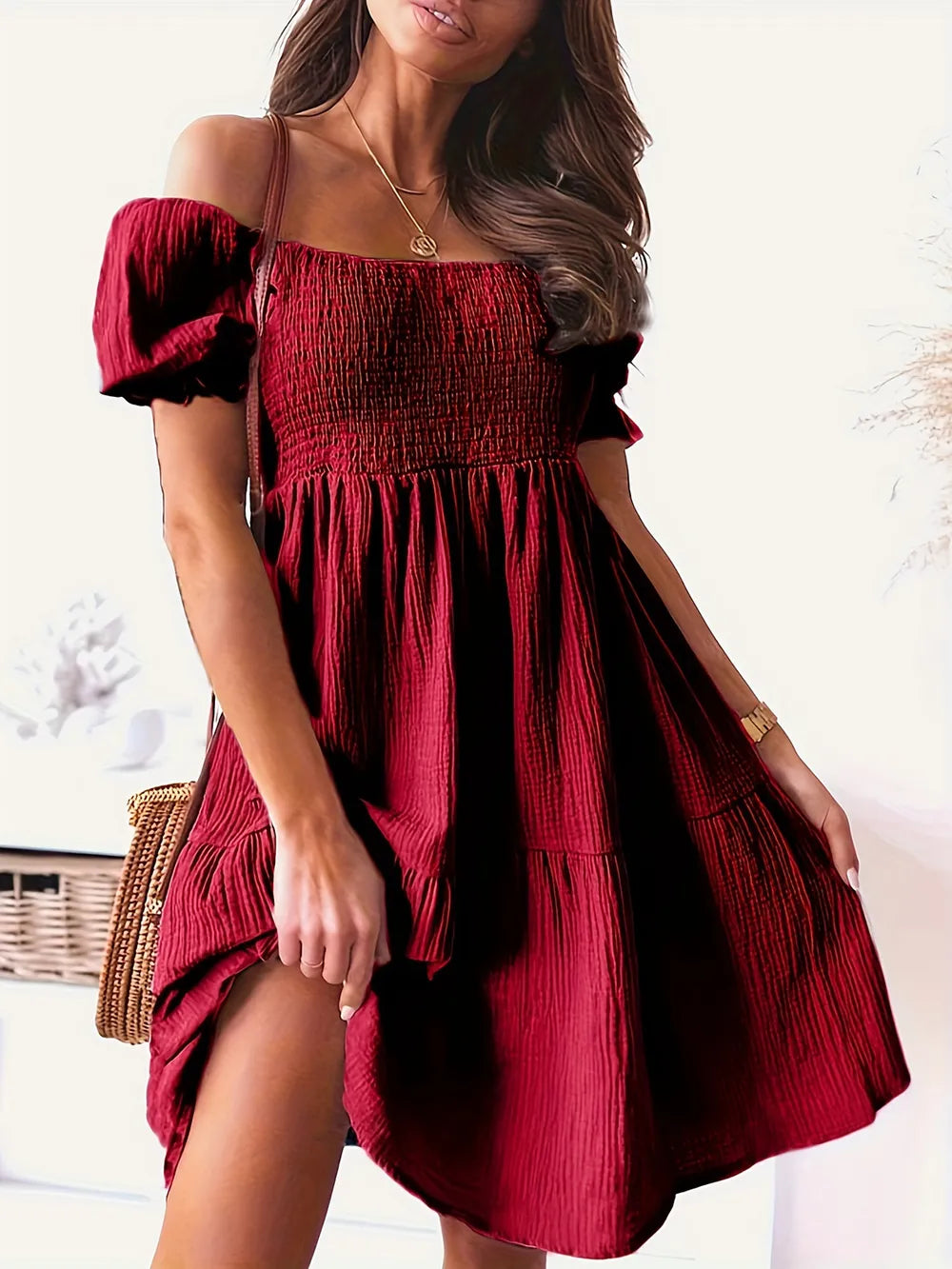 Ruffled Off-Shoulder Short Sleeve Dress with ruched, sheer ruffles, slightly stretchy body, from ShopNow, perfect for stylish occasions.