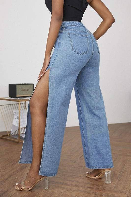 High Rise Distressed Cotton Straight Leg Jeans with Side Splits