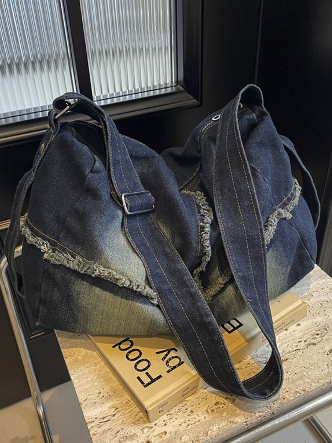 Denim Gradient Crossbody Bag with Raw Hem