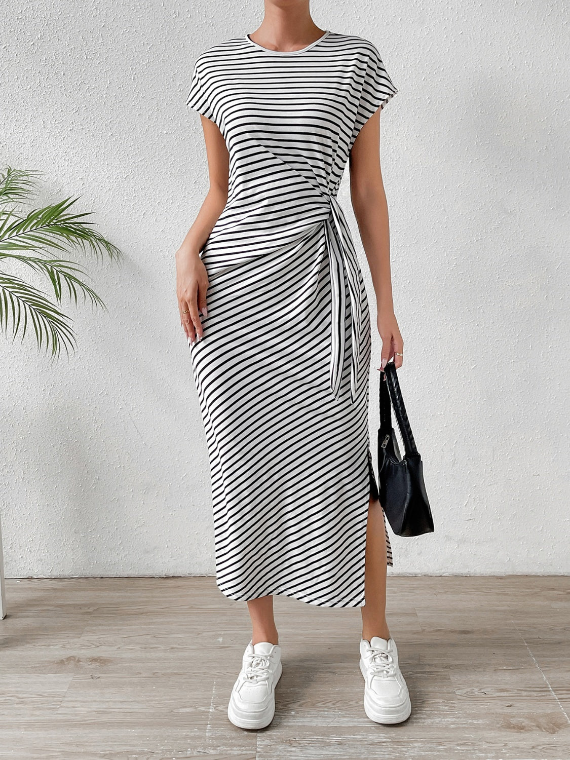 Striped Tie-Front Short Sleeve T-Shirt Dress