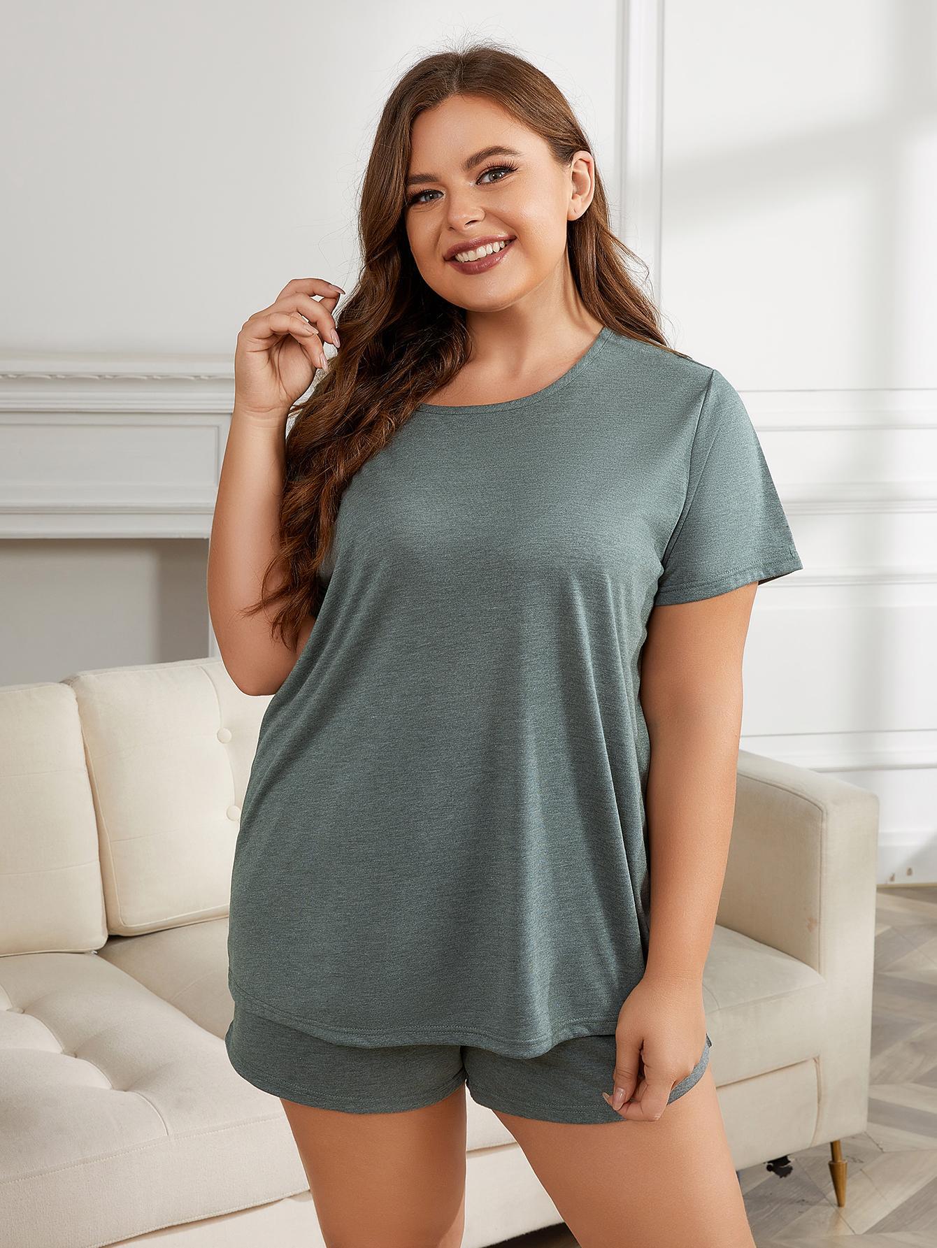 Curvy Girl - Round Neck Short Sleeve Two-Piece Loungewear Set