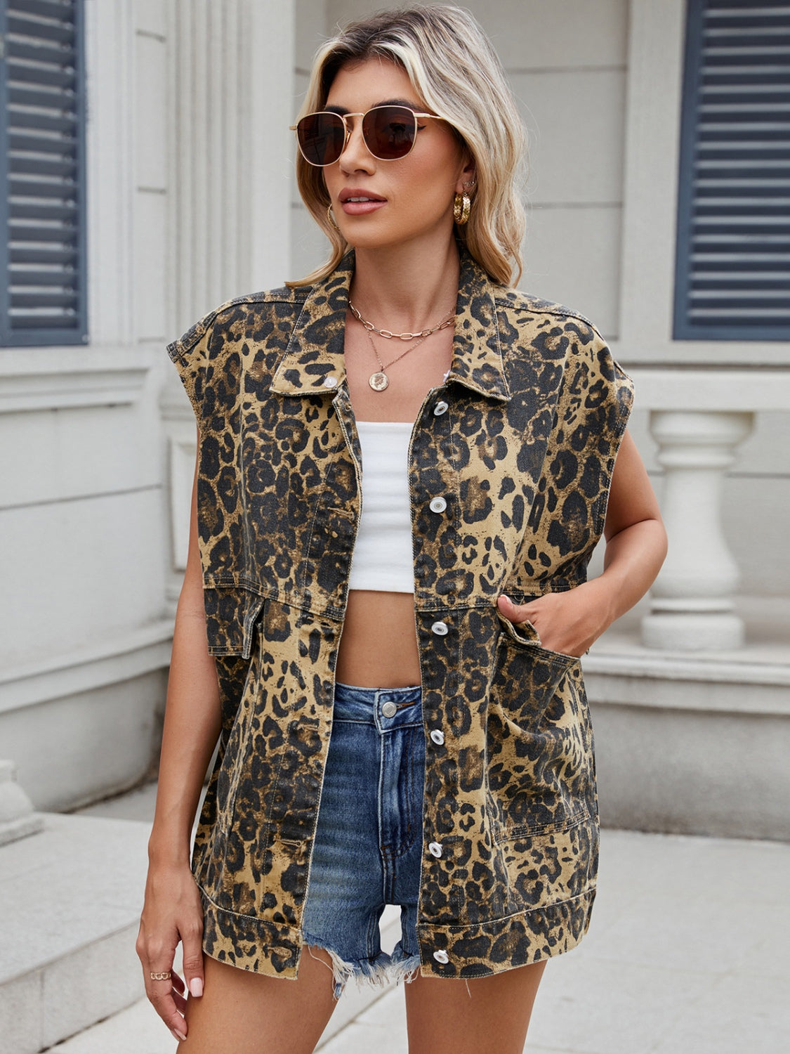 Leopard Print Button-Up Denim Vest