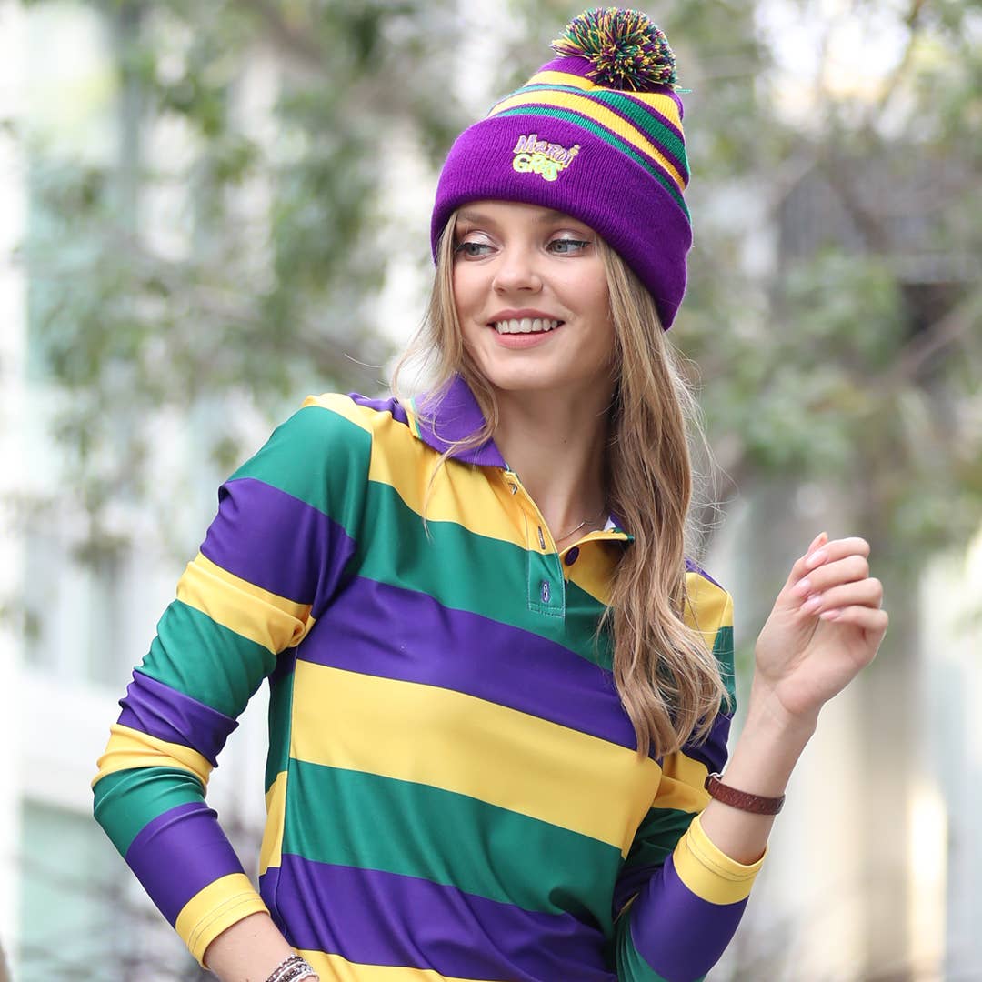 Mardi Gras Pom Pom Embroidered Beanie