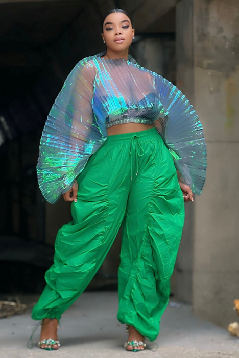 Iridescent Cropped Blouse with Pleated Design