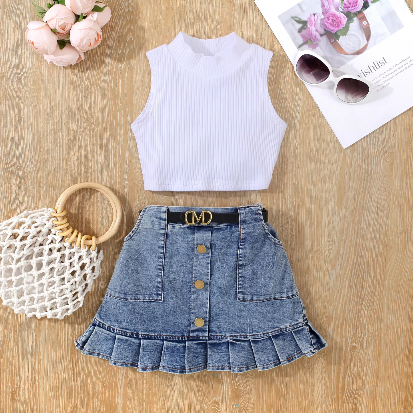 Girls' Sleeveless High Neck Top with Denim Pocket and Pleated Skirt Set