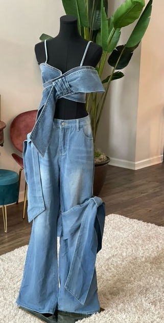 Two-piece Denim Bow Halter Top with matching Bow Pants Set