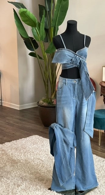 Two-piece Denim Bow Halter Top with matching Bow Pants Set