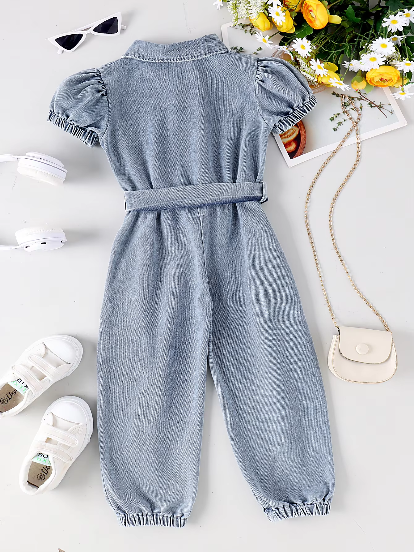 Girl's Vintage-Inspired Distressed Denim Jumpsuit with Coordinating Belt