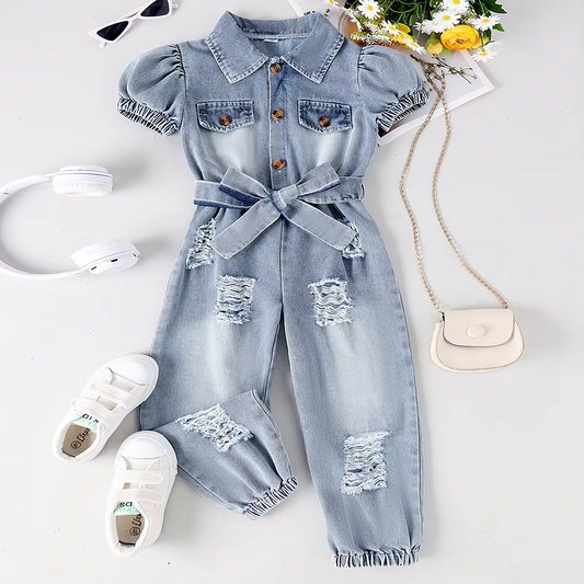 Girl's Vintage-Inspired Distressed Denim Jumpsuit with Coordinating Belt