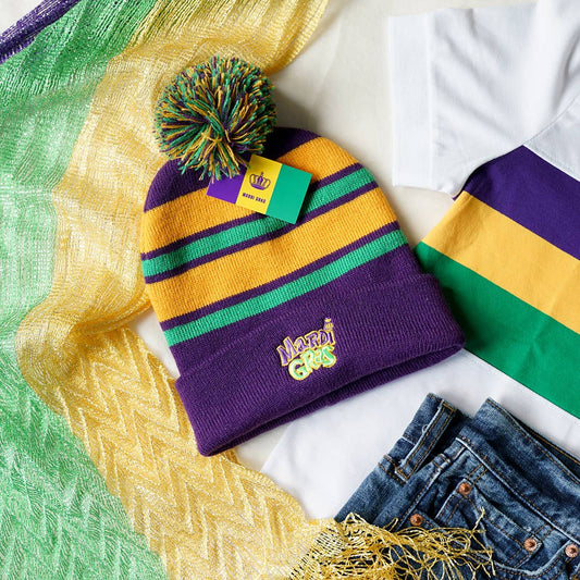 Mardi Gras Pom Pom Embroidered Beanie