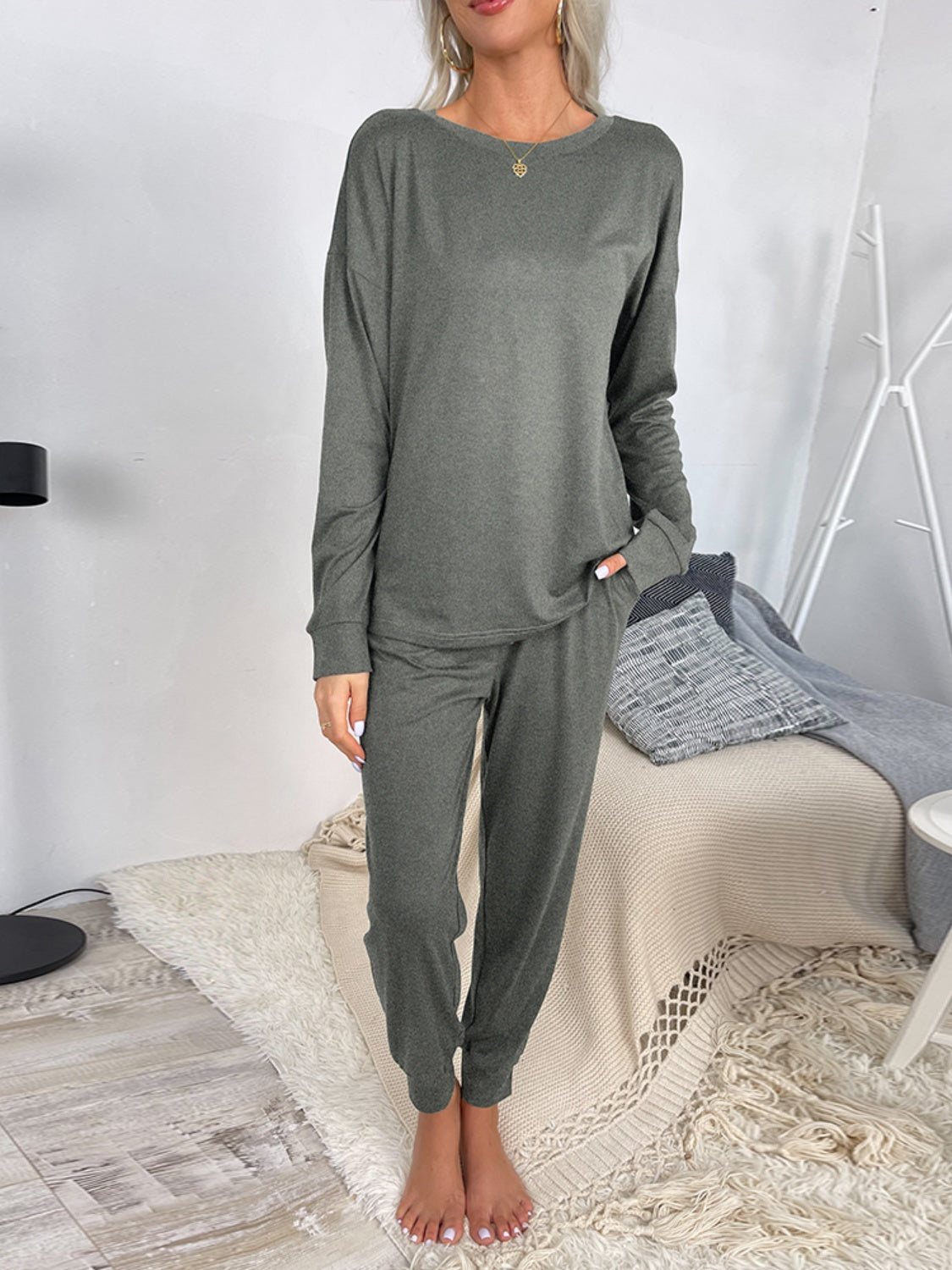 Casual Round Neck Top & Drawstring Pants Set