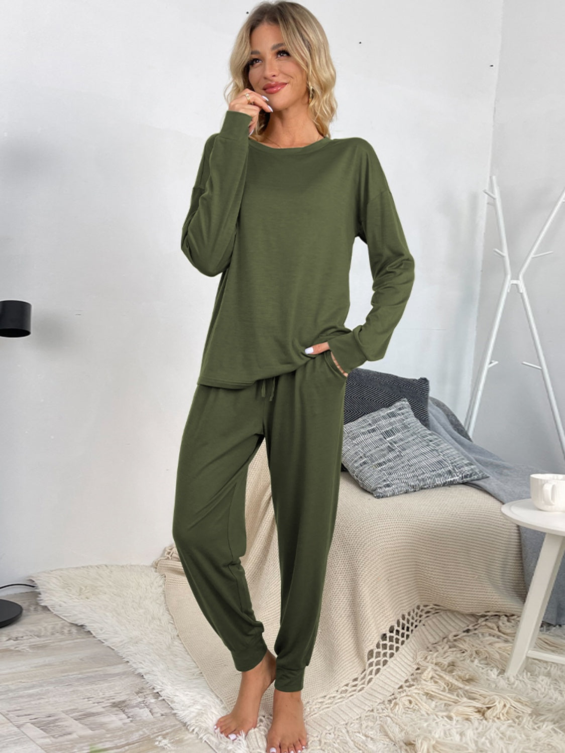 Casual Round Neck Top & Drawstring Pants Set