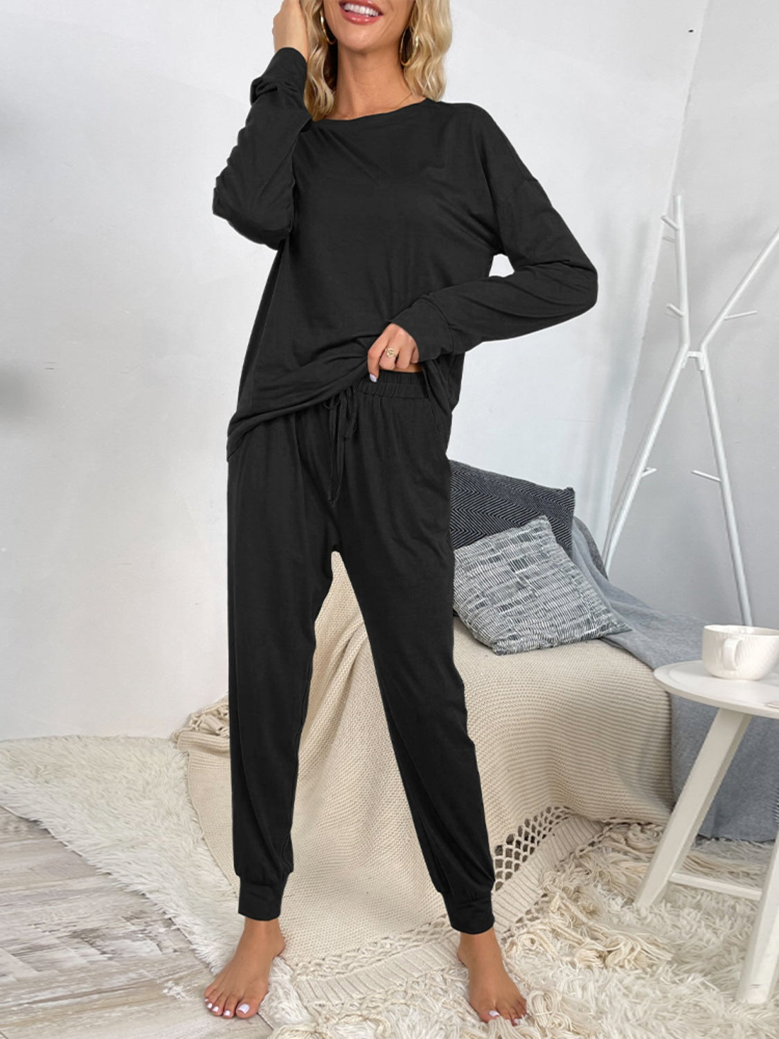 Casual Round Neck Top & Drawstring Pants Set